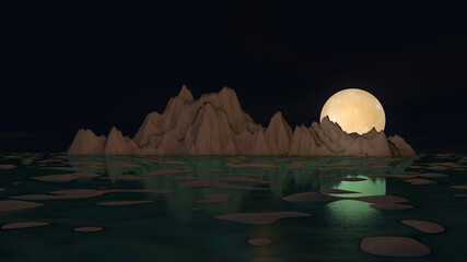 Moon 3d glowing on sand surface. 3D illustration, 3D rendering  © wichuda
