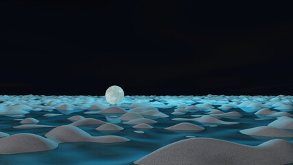 Moon 3d glowing on sand surface. 3D illustration, 3D rendering	