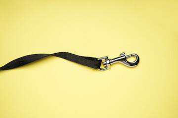 Dog leash with carabiner on a yellow background. Flat lay.