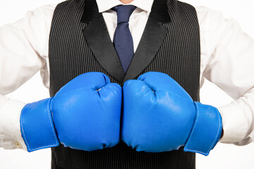 business knockout. boss show power and authority. businessman in boxing gloves.