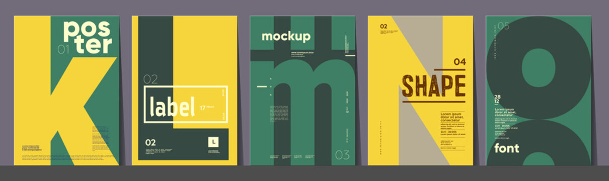 Poster layout design. Letters K,L,M,N,O. Alphabet. Template poster, banner, magazine mockup.