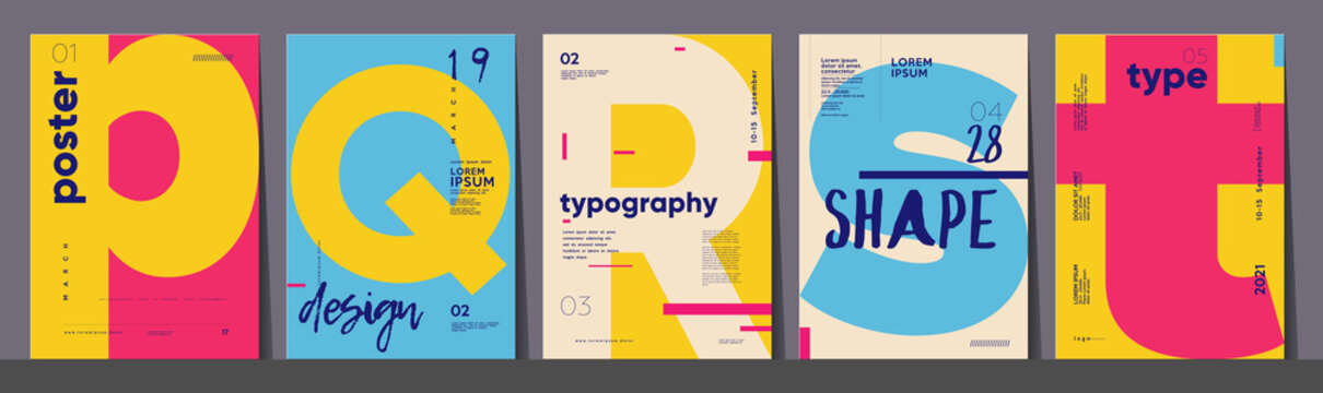 Poster layout design. Letters P,Q,R,S,T. Alphabet. Template poster, banner, magazine mockup.
