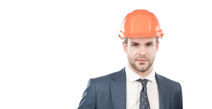 Engineering your dreams with us. Serious engineer portrait isolated on white. Architectural engineer