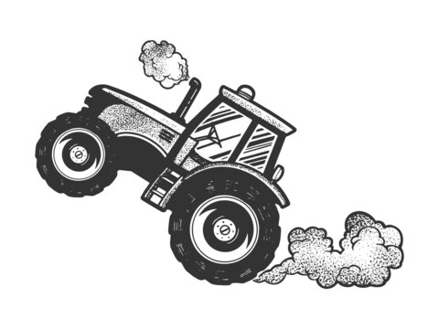racing tractor sketch engraving vector illustration. T-shirt apparel print design. Scratch board imitation. Black and white hand drawn image.