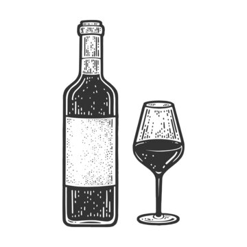 Wine bottle with glass sketch engraving vector illustration. T-shirt apparel print design. Scratch board imitation. Black and white hand drawn image.