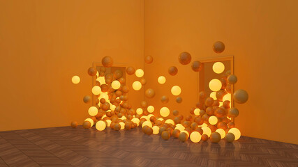 Colorful Bunch of Birthday Balloons Flying for Party in Door open Room. 3D illustration, 3D rendering	