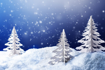 Paper winter Christmas trees forest in snowy night. Christmas winter greeting card.