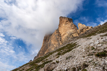 Fototapeta na wymiar South rock face of three peaks of Lavaredo (Drei Zinnen or Tre Cime di Lavaredo), mountain peaks of the Sesto Dolomites, UNESCO world heritage site, Trentino-Alto Adige and Veneto, Italy, Europe.