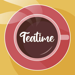 Red teatime cup steam in flat style on yellow background.