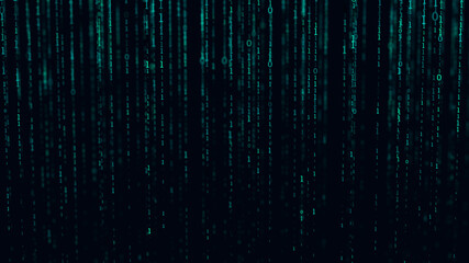 Falling random numbers.Computer code. Blue matrix on dark background.
