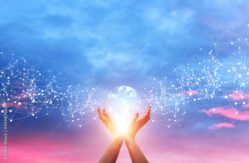 Poster hands holding globe with global network connections. communication network and technology innovative