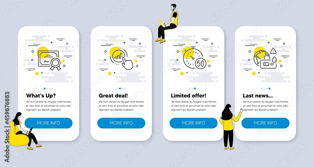 Poster vector set of science icons related to certificate, 5g internet and graph chart icons. ui phone app 