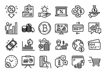 Vector set of Banking money, Payment and Shopping bags line icons set. Calendar report, Money wallet and Credit card tag. Discount, Payment card and Market icons. Vector