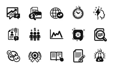 Vector set of Search employee, Statistics and Chemistry lab icons simple set. World statistics, Accounting and Read instruction icons. Time, Accounting report and Meeting signs. Vector