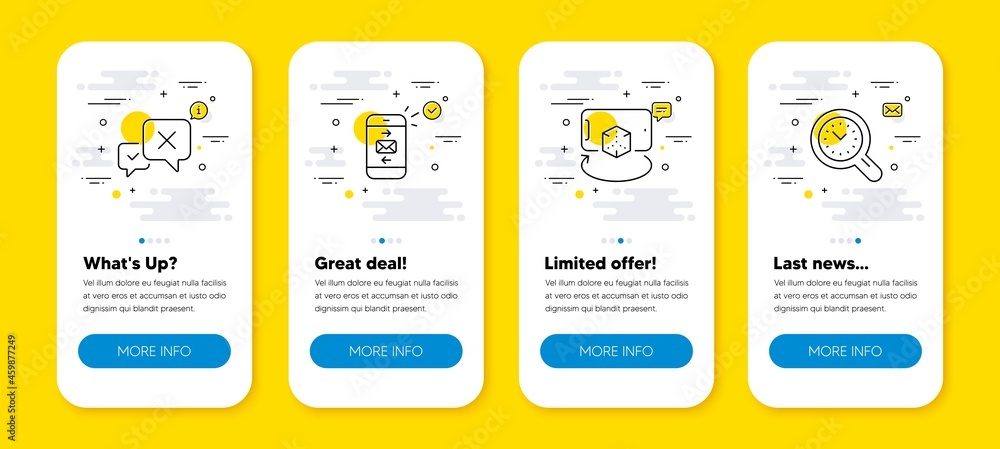 Poster vector set of augmented reality, mail and reject line icons set. ui phone app screens with line icon