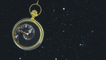 Pendulum of pocket watch against the background of the starry sky. 3D