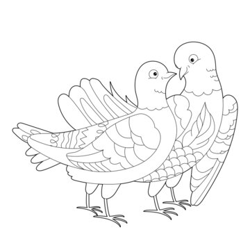 Two cute birds. Doodle style, black and white background. Funny doves, coloring book pages. Hand drawn illustration in zentangle style for children and adults, tattoo.