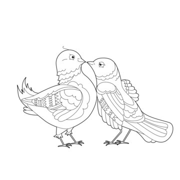 Two cute birds. Doodle style, black and white background. Funny doves, coloring book pages. Hand drawn illustration in zentangle style for children and adults, tattoo.
