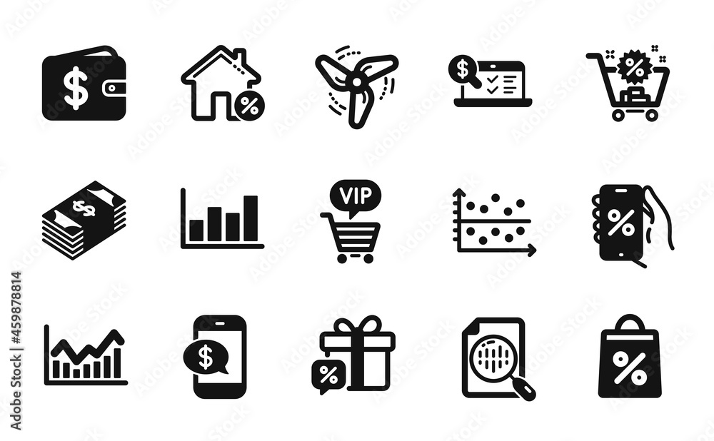 Poster vector set of dollar wallet, dot plot and infochart icons simple set. discounts app, phone payment a