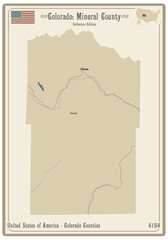 Map on an old playing card of Mineral county in Colorado, USA.
