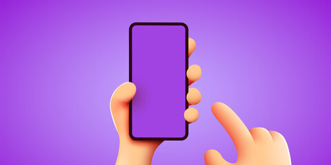 Holding phone in two hands. Phone mockup. Editable smartphone template. Touching screen with finger.