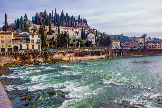 Good view on Castel San Pietro and river Adige in Verona in sunny winter day.