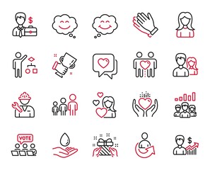 Vector Set of People icons related to Smile, Winner cup and Gift icons. Businessman case, Business growth and Water care signs. Business hierarchy, Love and Share. Couple, Hold heart. Vector