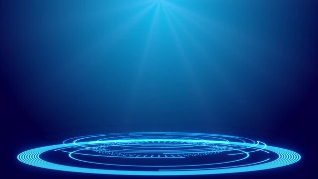 4K HUD holograms portal GUI, UI design. Sky-fi digital technology. Circle podium. Hi tech panel hologram light. VR projector, portal, podium. Futuristic interface. Modern display. Virtual data.