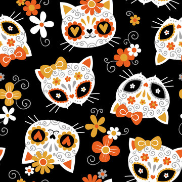 Hand drawn seamless vector pattern with cute cat sugar skulls and flowers. Perfect for fabric or wrapping paper. 
