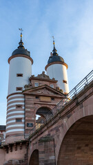 The old bridge gate in Heidelberg from the bottom. Old Bridge Gate on Karl Theodor Bridge in Heidelberg, Baden-Wurttemberg, Germany