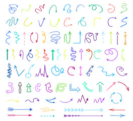 Hand drawn set of different signs. Multicolored infographic elements on white background. Colored arrows. Symbols for design. Doodles for work