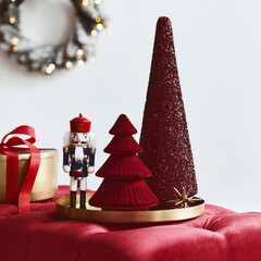 Christmas composition with decoration, christmas tree, gifts and accessories in cozy home decor....