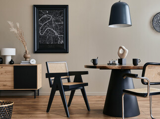 Modern composition of dining room interior with design wooden table, stylish chairs, decoration,...