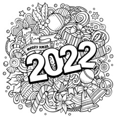 2022 hand drawn doodles illustration. New Year objects and elements poster