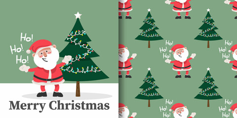 Christmas holiday season banner with Merry Christmas text and seamless pattern of Santa Claus with Christmas tree on green background. Vector illustration.