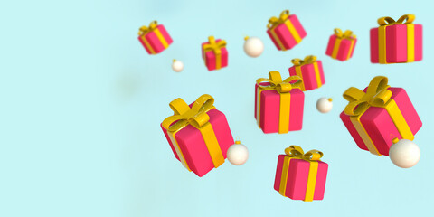 New Year and Merry Christmas 2022 red gift boxes with yellow bows on blue background. Trendy 3d illustration.