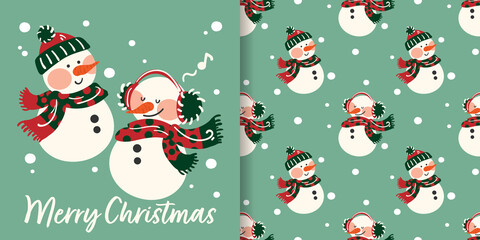 Christmas holiday banner with Merry Christmas text and seamless pattern of cute snowman in winter clothes on a light green background with snowflakes. Vector illustration.
