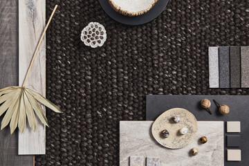 Stylish flat lay composition of architect moodboard with samples of building, brown textile and...