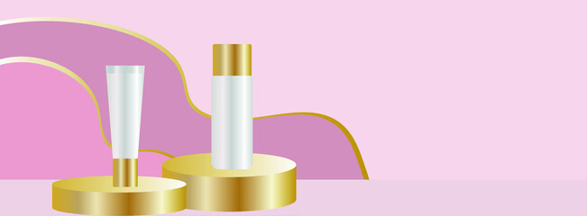 vector banner with cosmetic items on stands. flat image with makeup items on round stands. pink  background with gold pedestals