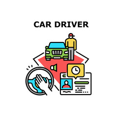Auto Car Driver Vector Icon Concept. Auto Car Driver Beeping For Accident Prevention And Expiration Of Driving License Document. Automobile Drive Travel And Examination Color Illustration