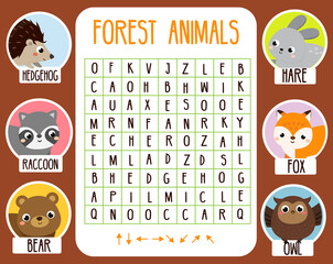 Educational game for children. Word search puzzle. Learn forest animals for kids and toddlers