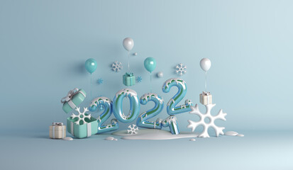 Happy new year 2022 winter decoration background with balloon gift box snowflakes, 3D rendering illustration