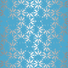 Abstract seamless vector pattern  with silver geometric snow flakes on blue background. Decorative winter design for cards, Christmas decoration, gift boxes and wrapping paper.
