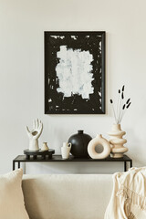 Stylish composition of creative living room interior design with mock up poster frame, corner sofa, coffee table, textile and personal accessories. Scandinavian classic style. Template.