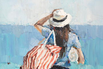 Beautiful tanned girl on a beach vacation on the background of the sea. Dressed in shorts and a white hat. Oil painting on canvas. - obrazy, fototapety, plakaty