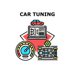 Car Tuning Improvement Vector Icon Concept. Engine, Suspension And Body Car Tuning Improvement, Motor Electronic Chip Computer Settings For Achievement High Speed Color Illustration
