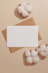 Blank greeting card mockup with envelope and cotton flowers on pastel beige background. Delicate wedding invitation template. Top view, flat lay