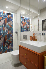 Creative composition of bathroom interior in small family house. Colourful wall and minimalitic...