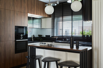 Minimalistic modern brown panel kitchen interior with biuld-in kitchen and kitchen island....