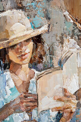 Summer vacation of two girls. Reading in nature. The woman is resting in a white dress. Oil painting on canvas.